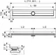 TECE-Rinne mit Wandaufkantung, flaches Design, rechteckige Form, mittiger Ablauf. Maße und Details sind im technischen Zeichnungsformat dargestellt.